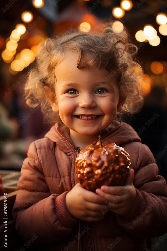 Naklejka premium Child enjoying a caramel apple at a local autumn carnival, Generative AI