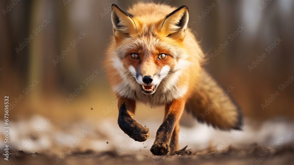 Fototapeta premium a fox running on snow