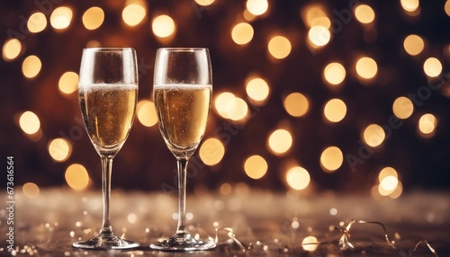 Two champagne glasses with a bokeh background. It looks like a festive and celebratory scene. 