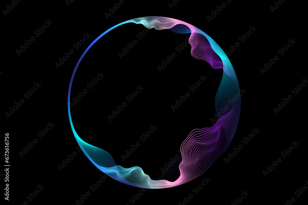 Vector abstract circles lines wavy in round frame colorful spectrum light isolated on black background with empty space for text in concept technology, digital, music, science. - obrazy, fototapety, plakaty 