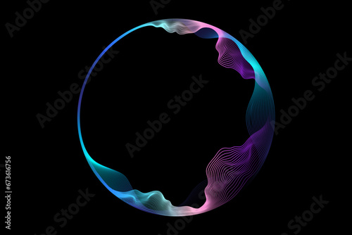 Vector abstract circles lines wavy in round frame colorful spectrum light isolated on black background with empty space for text in concept technology, digital, music, science. photo