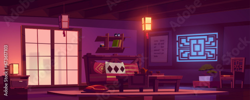 Chinese style design room in evening with table for tea ceremony under light of lanterns, door and window, sofa and traditional decorations. Cartoon vector illustration of home or cafe interior.