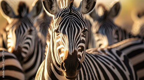a group of zebras stand in a line