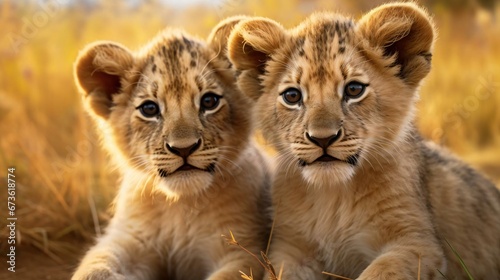 a lion cub and a lion cub
