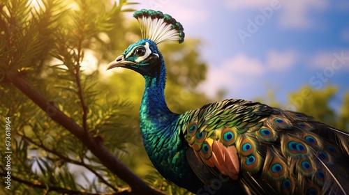 a peacock standing next to a tree