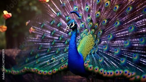a peacock with its feathers spread