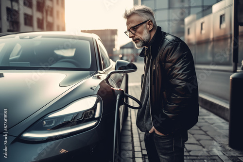 A man standing next to his electric car as it charges © Digitalphoto 4U