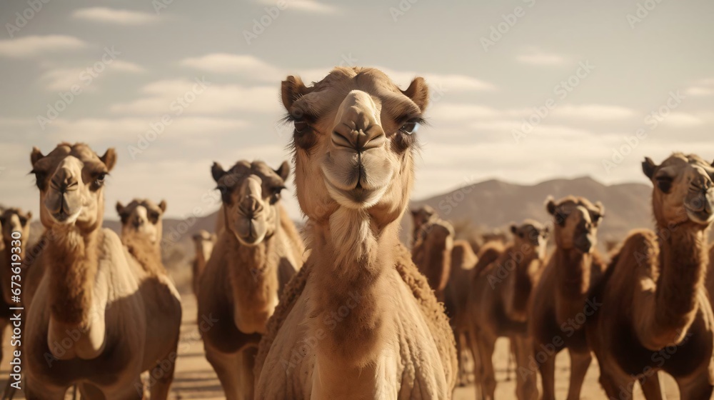 a group of camels in a desert - obrazy, fototapety, plakaty 
