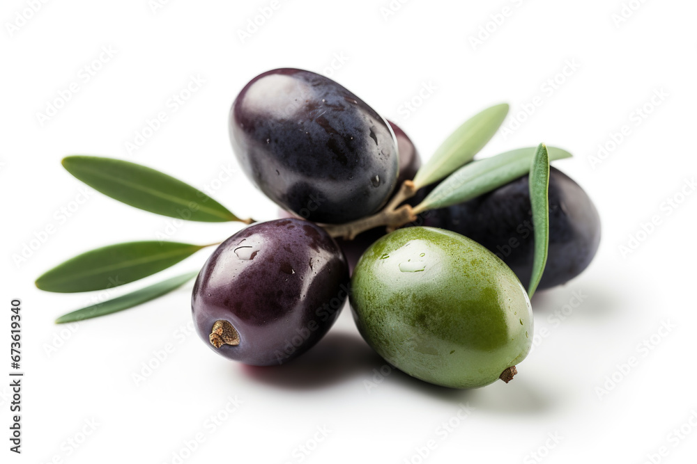 Obraz premium Fresh olives on an olive branch, vibrant green on a white background