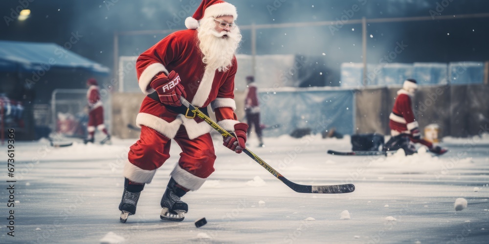 Obraz premium Santa is playing hockey on the field.