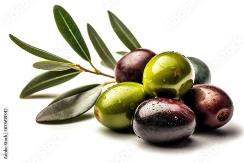 Fresh olives on an olive branch, vibrant green on a white background