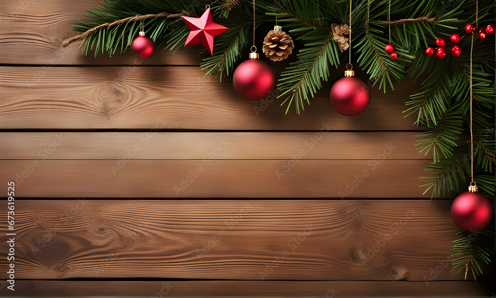 Christmas tree branch decorations on a wooden background Christmas tree branch decorations on a wooden background