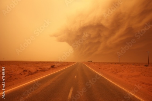 A desert road during a sandstorm, emphasizing harsh conditions