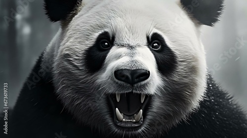 a black and white photo of a panda with its mouth open