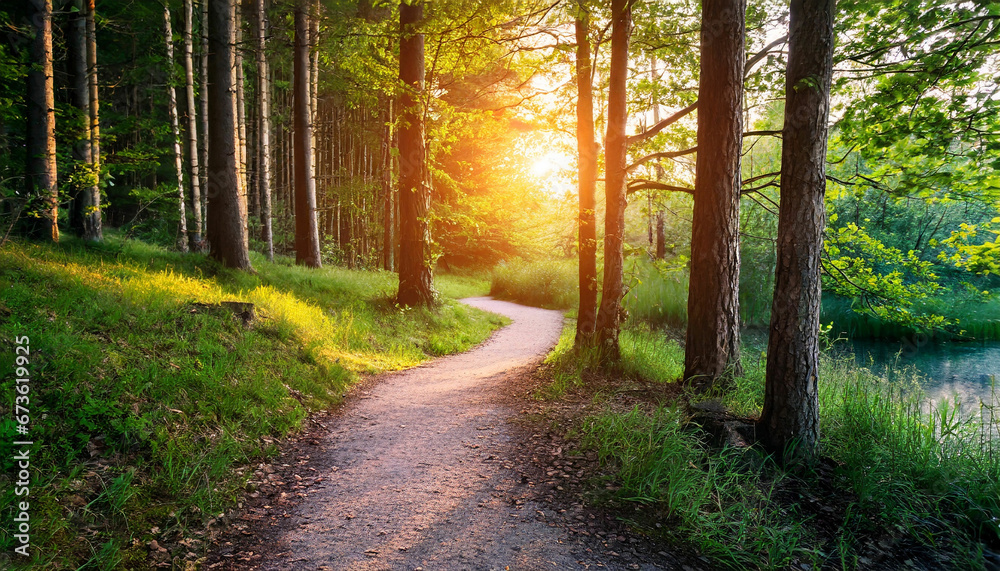 Scenic Forest Road during a Serene Sunset Scenic Forest Road during a Serene Sunset