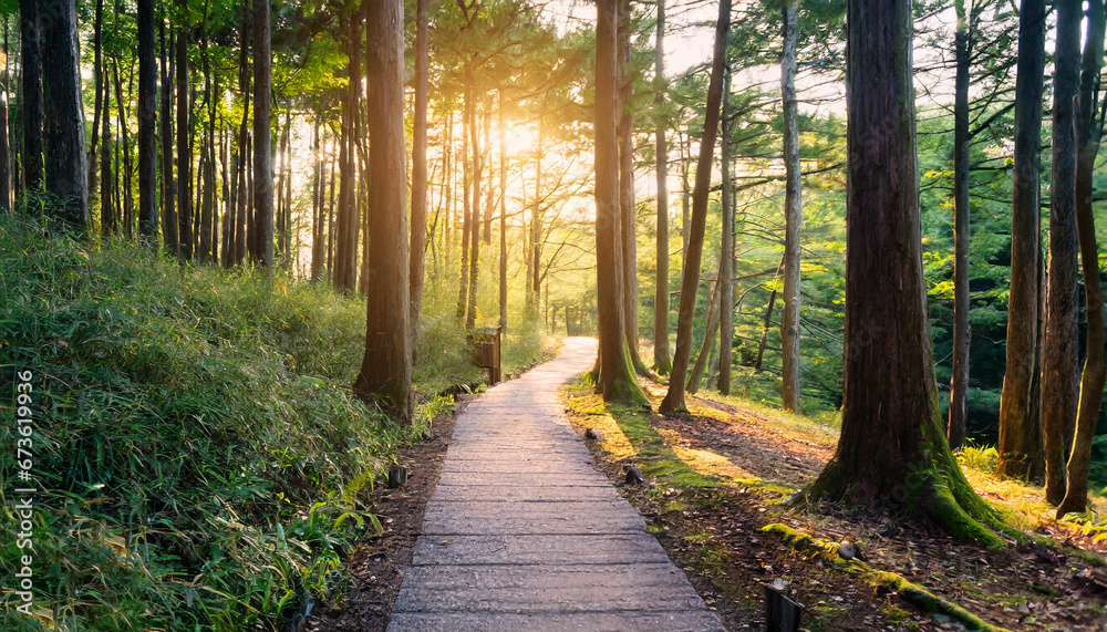 Obraz premium Scenic Forest Road during a Serene Sunset
