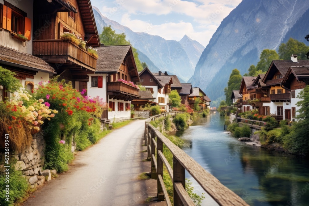 A road through a charming European village in the Alps, full of charm