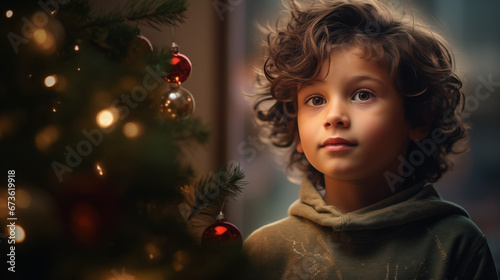 Festive USA Kid Portrait by the Christmas Tree Delighting in Holiday Joy Xmas Decoration
