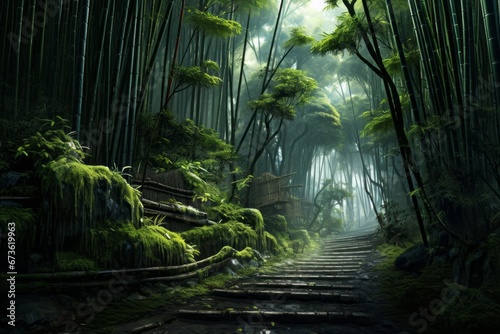A road through a serene bamboo grove, ideal for Zen-themed concepts