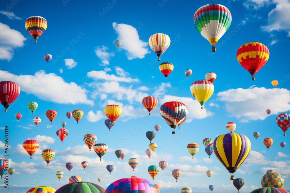 Obraz premium Aerial background of a colorful balloon festival against a blue sky