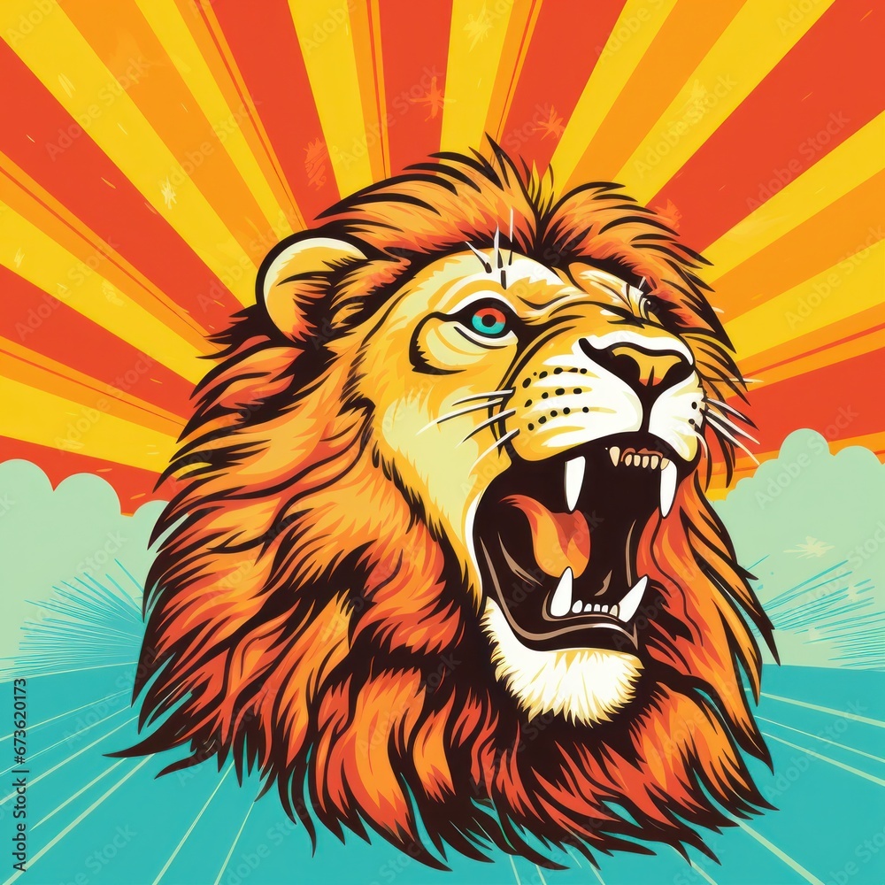 Fototapeta premium Lion on grunge background with vintage sun rays.