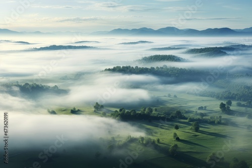 Aerial perspective of a peaceful countryside covered in a blanket of mist © KerXing