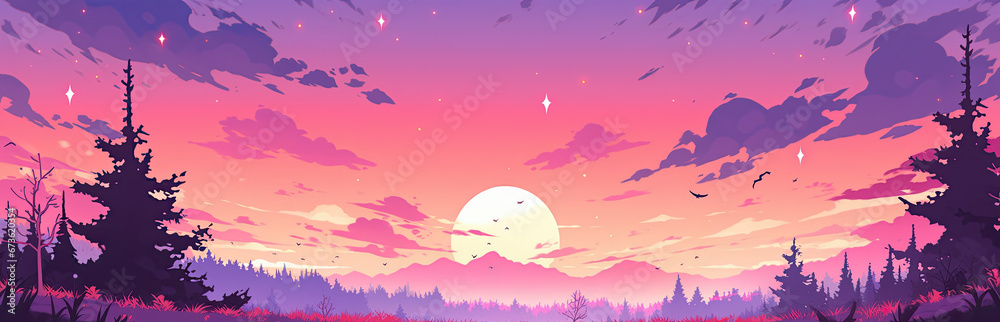 Sunset landscape with clouds on red sky, silhouettes of trees. Cartoon illustration
