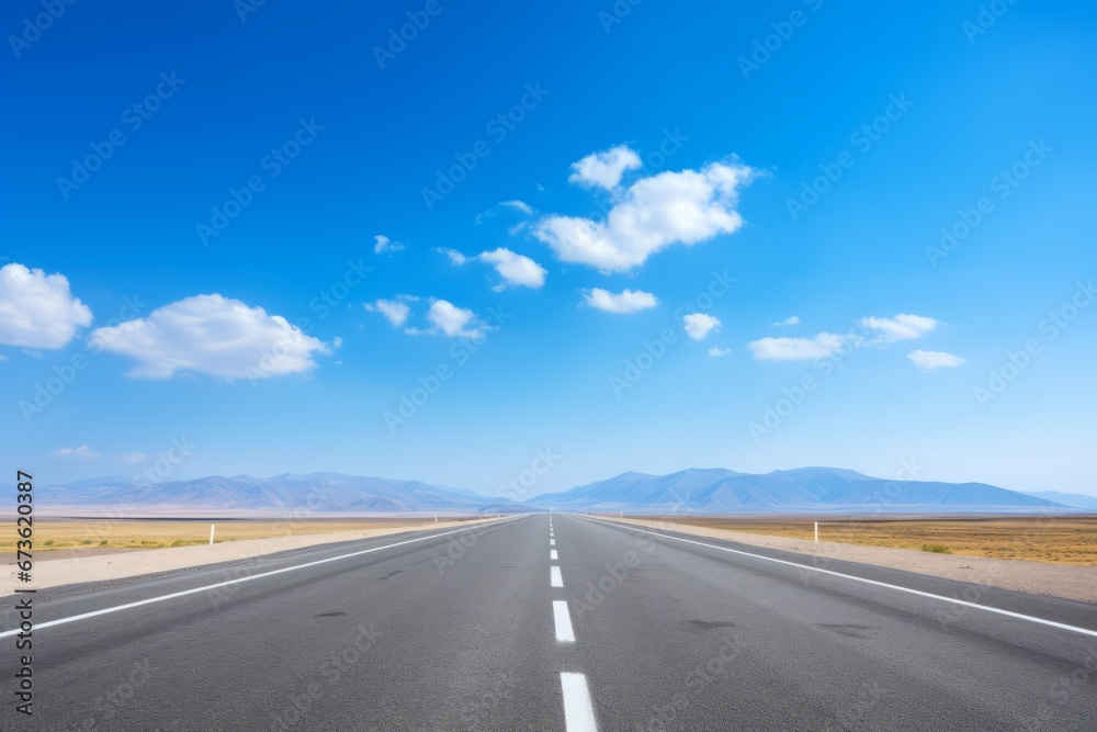 An open road stretching to the horizon under a blue sky