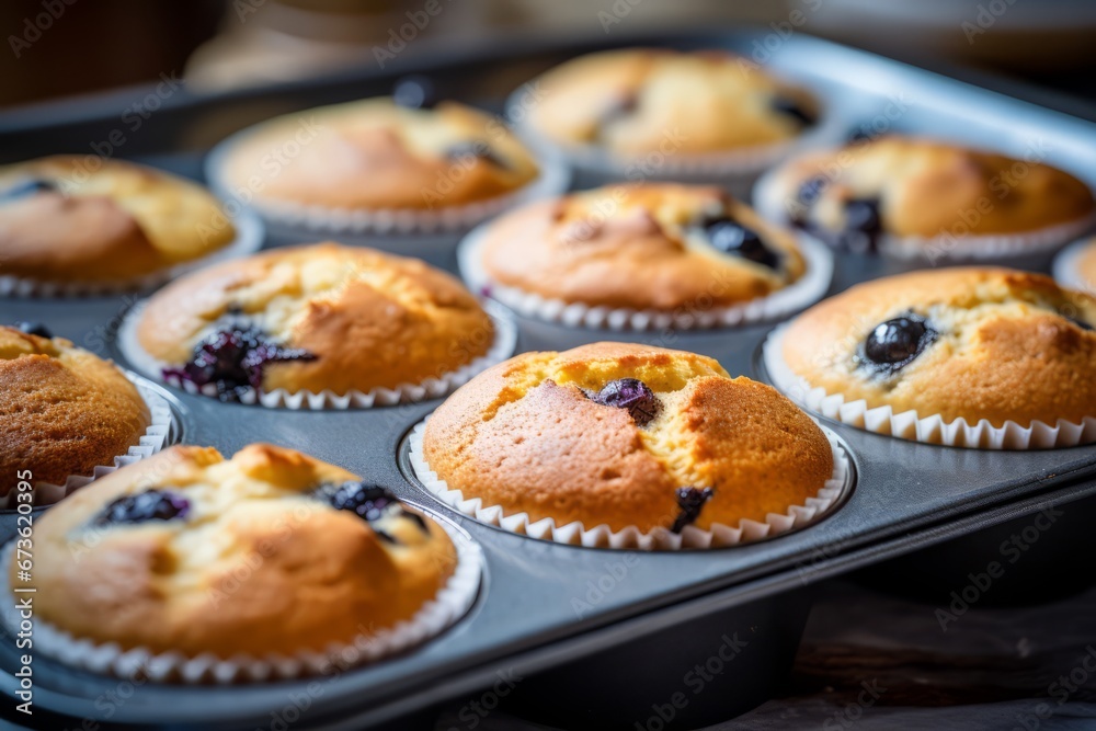 Banana and blueberry muffins in a baking tray