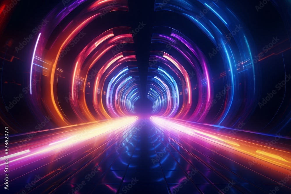 Dynamic 3D tunnel with neon lights and abstract patterns Dynamic 3D tunnel with neon lights and abstract patterns