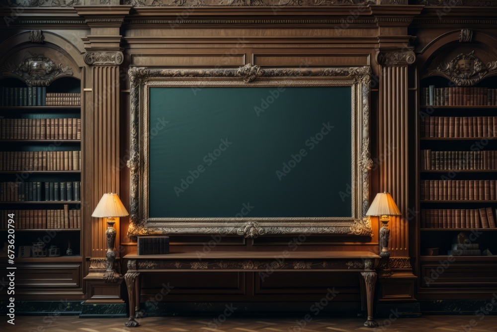 Elegant frame mock-up in a historic library Elegant frame mock-up in a historic library