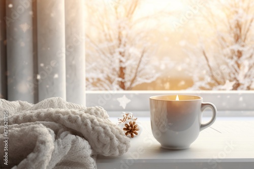 Cozy winter scene mockup with a blanket, a cup of cocoa, and frosty window lighting