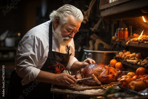 Chef basting a golden turkey in a rustic kitchen on Thanksgiving morning, Generative AI