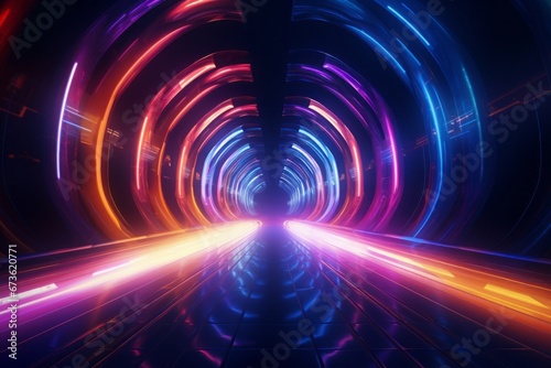 Dynamic 3D tunnel with neon lights and abstract patterns