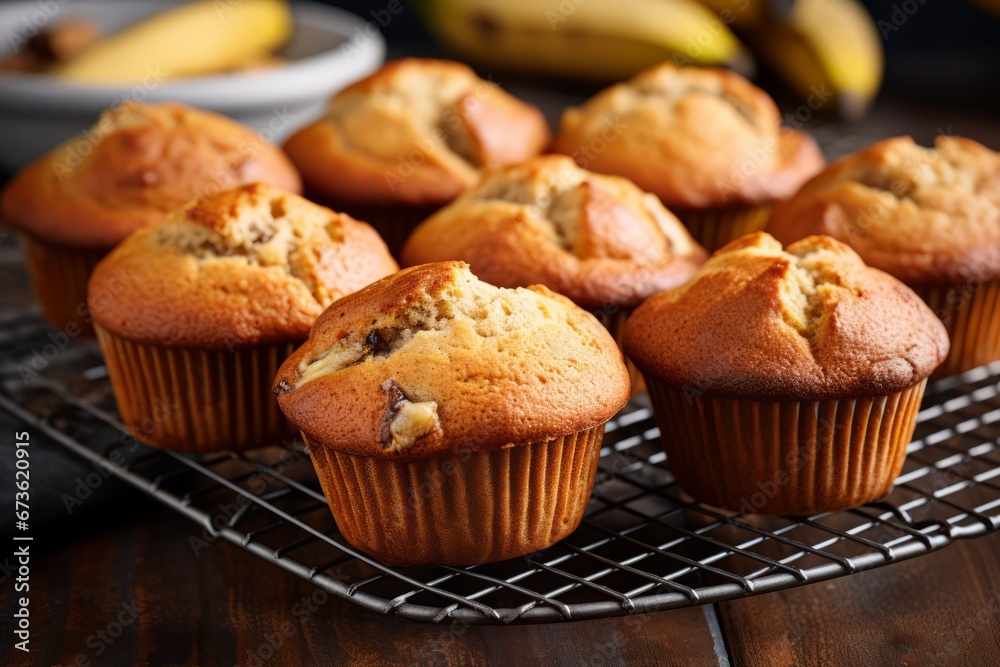 Freshly baked banana muffins on a cooling rack Freshly baked banana muffins on a cooling rack