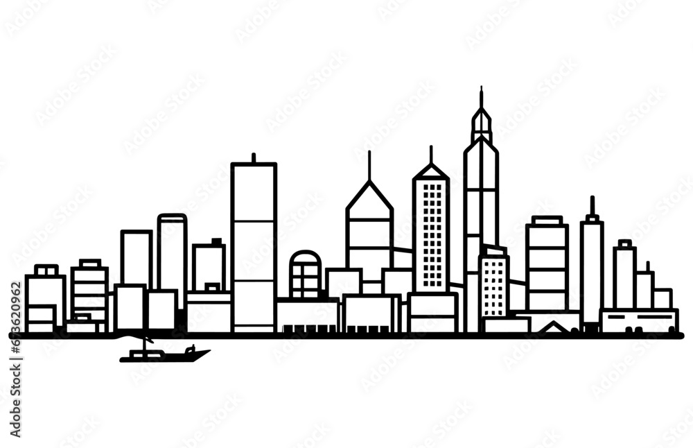 Outline Hong Kong China City Skyline with Modern Buildings Isolated on White. Vector Illustration. Linear banner of Hong Kong city.