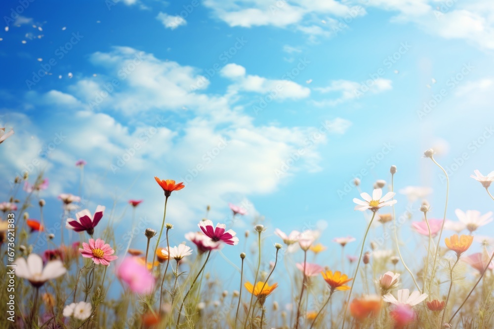 Peaceful meadow sky background with wildflowers in bloom