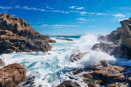 Rocky coast under a clear blue sky background with crashing waves