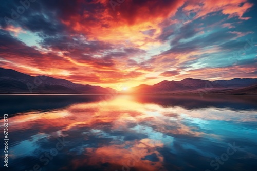 Sunrise sky background over a serene lake with a mountain backdrop © KerXing