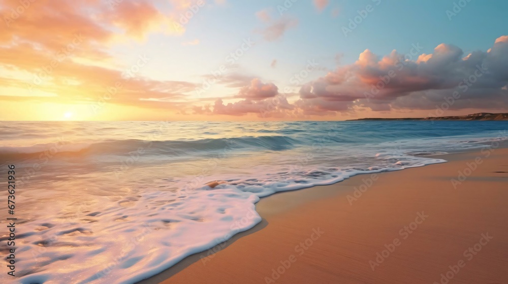 a beach with waves and a sunset
