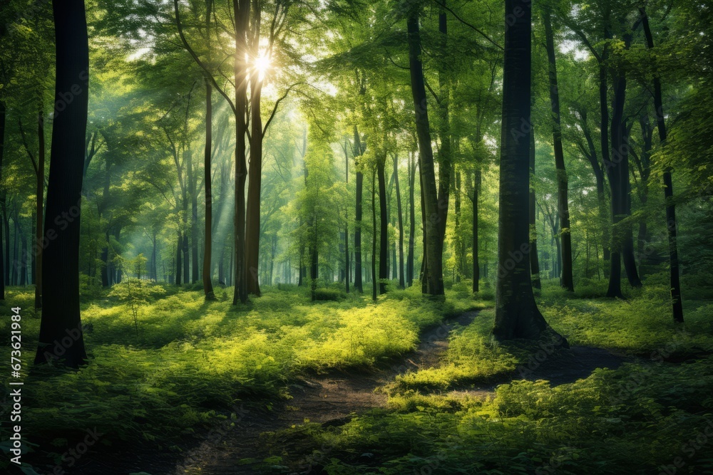 A close up of a lush forest bathed in sunlight, underscoring the role of the ozone layer in supporting terrestrial life