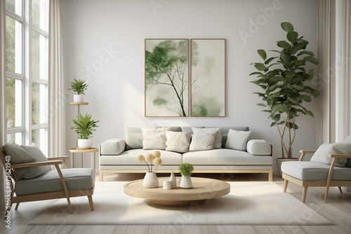 Minimalist interior of living room with green houseplants  grey sofa  white walls and wooden furniture. Scandinavian cozy interior design.