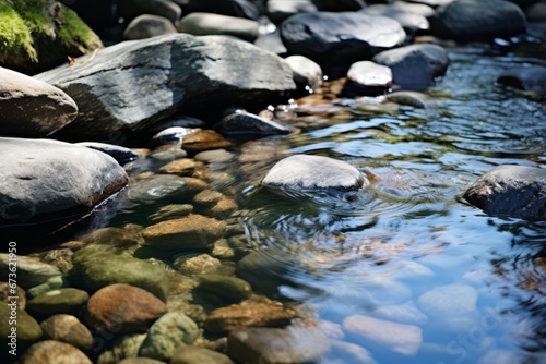 A clear mountain stream flowing over smooth rocks  representing the purity and importance of natural water sources