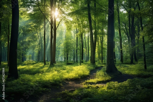 A close up of a lush forest bathed in sunlight, underscoring the role of the ozone layer in supporting terrestrial life