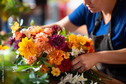 A woman arranging a bouquet of flowers on a table
