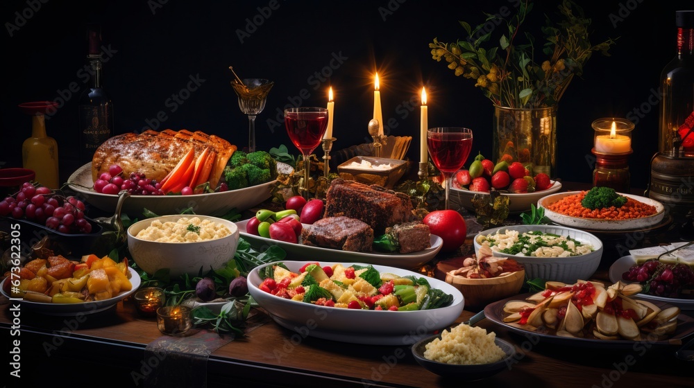 A festive holiday table set with an array of delicious dishes