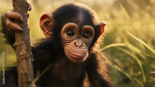 a monkey holding a tree branch