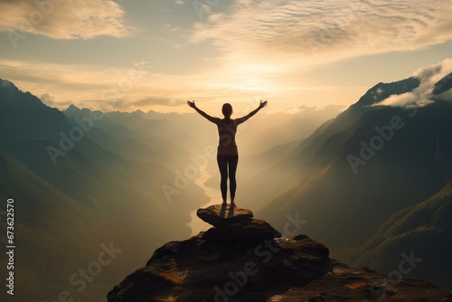 A person performing a yoga pose on a mountaintop  finding strength and encouragement in nature