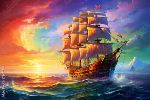 A pirate ship sailing under a vibrant rainbow, symbolizing the promise of adventure and excitement that awaits on the open sea