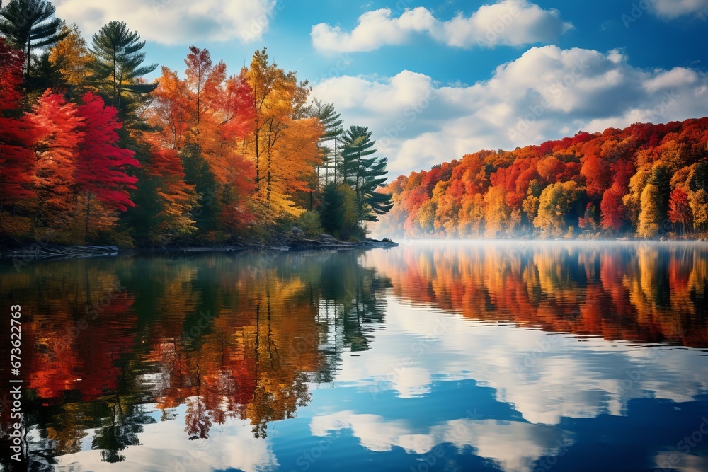 Obraz premium A serene view of a lake reflecting the rich autumn foliage on its surface, creating a picturesque and tranquil fall landscape